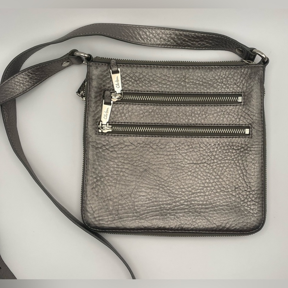 Cole Haan Gunmetal Silver Metallic Leather Crossbody bag purse EUC Zippers